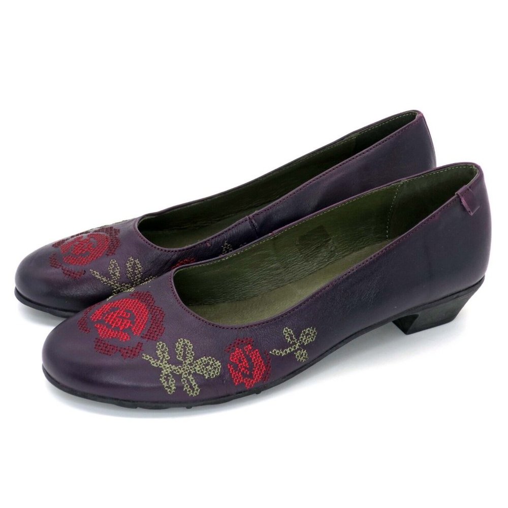 Women's Purple Floral Embroidered Leather Flats